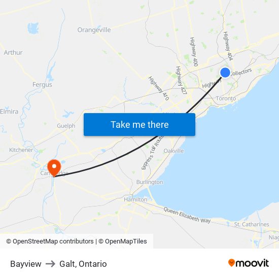 Bayview to Galt, Ontario map