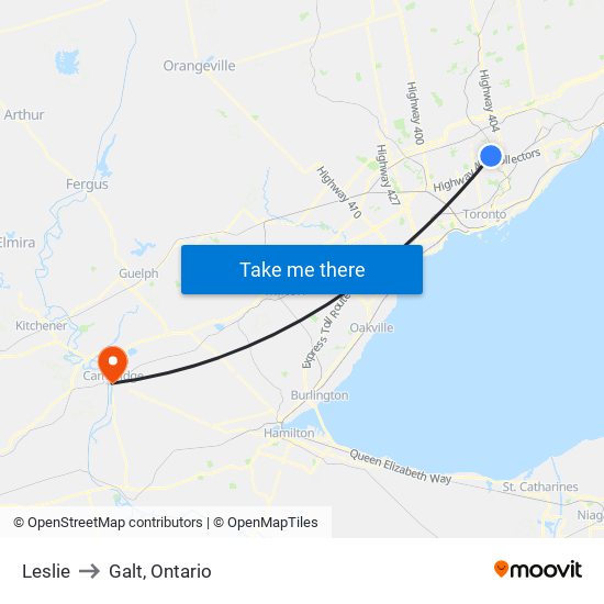 Leslie to Galt, Ontario map