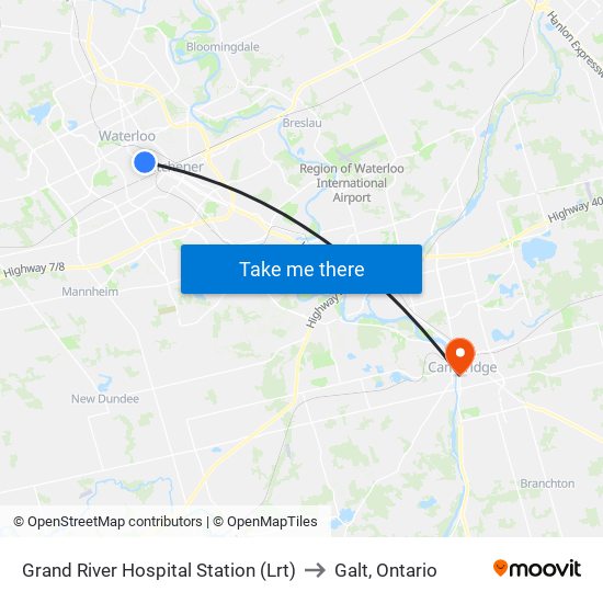 Grand River Hospital Station (Lrt) to Galt, Ontario map
