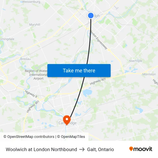 Woolwich at London Northbound to Galt, Ontario map