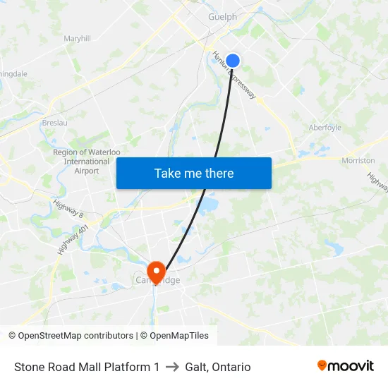 Stone Road Mall Platform 1 to Galt, Ontario map