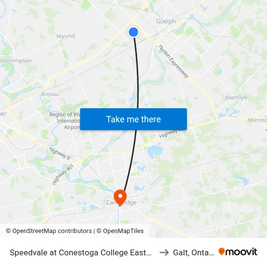 Speedvale at Conestoga College Eastbound to Galt, Ontario map