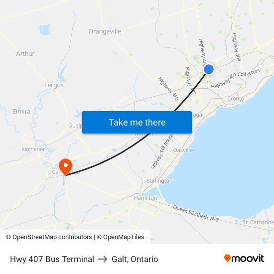 Hwy 407 Bus Terminal to Galt, Ontario map