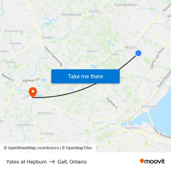 Yates at Hepburn to Galt, Ontario map