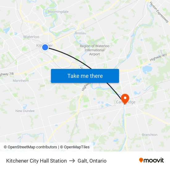 Kitchener City Hall Station to Galt, Ontario map