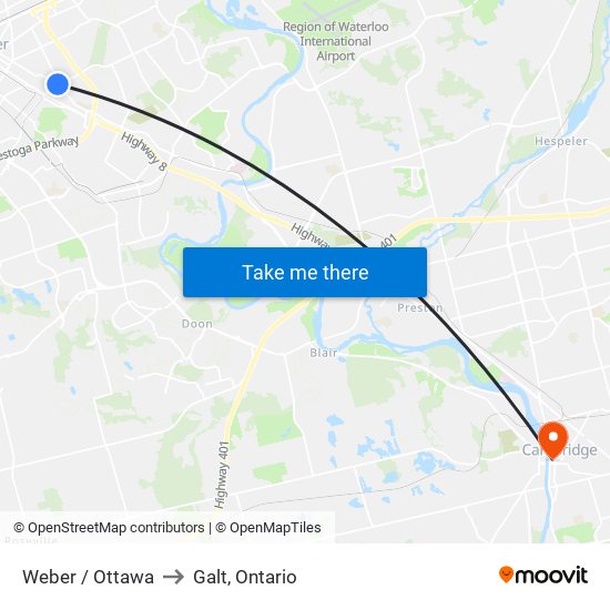 Weber / Ottawa to Galt, Ontario map