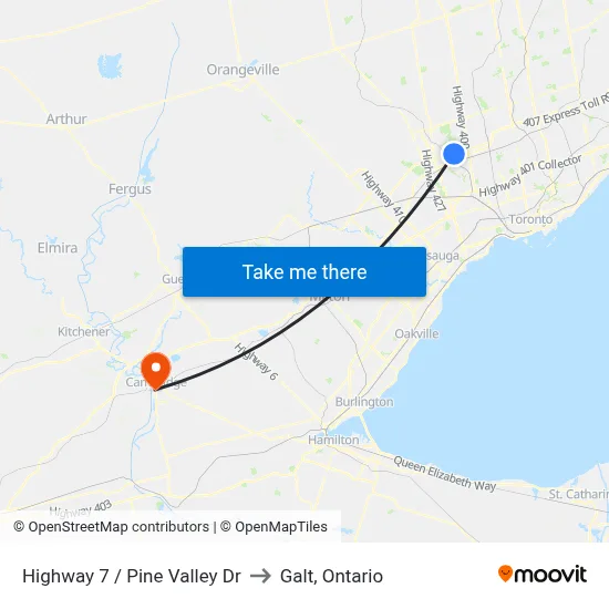 Highway 7 / Pine Valley Dr to Galt, Ontario map