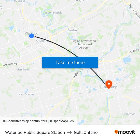 Waterloo Public Square Station to Galt, Ontario map