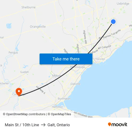 Main St / 10th Line to Galt, Ontario map