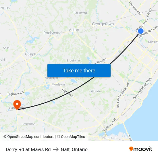 Derry Rd at Mavis Rd to Galt, Ontario map