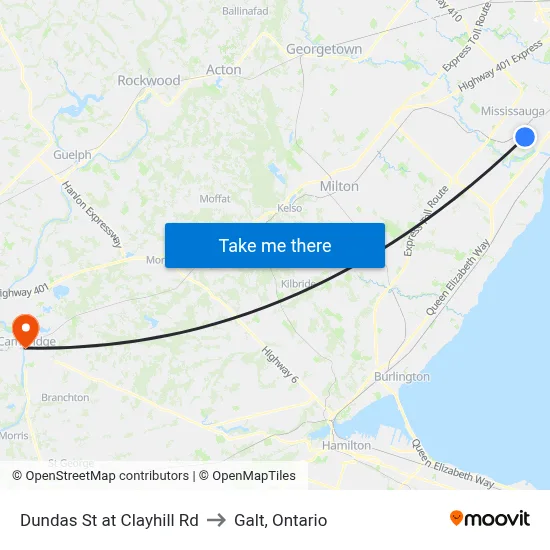 Dundas St at Clayhill Rd to Galt, Ontario map