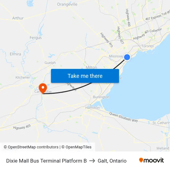 Dixie Mall Bus Terminal Platform B to Galt, Ontario map