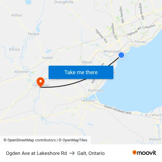 Ogden Ave at Lakeshore Rd to Galt, Ontario map