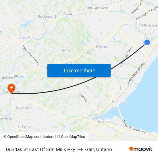 Dundas St East Of Erin Mills Pky to Galt, Ontario map