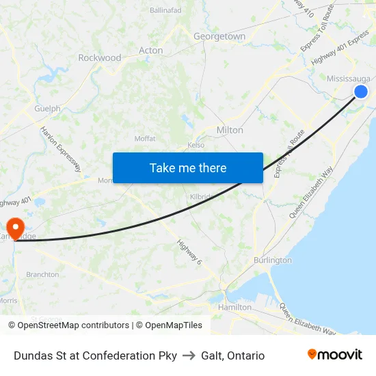 Dundas St at Confederation Pky to Galt, Ontario map