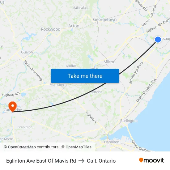 Eglinton Ave East Of Mavis Rd to Galt, Ontario map