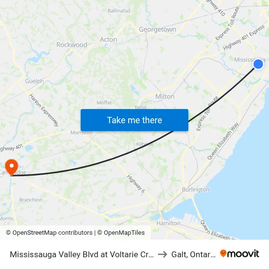 Mississauga Valley Blvd at Voltarie Cres to Galt, Ontario map
