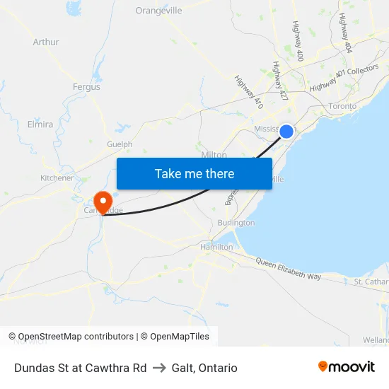 Dundas St at Cawthra Rd to Galt, Ontario map