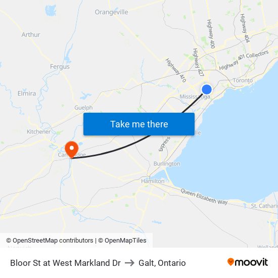Bloor St at West Markland Dr to Galt, Ontario map