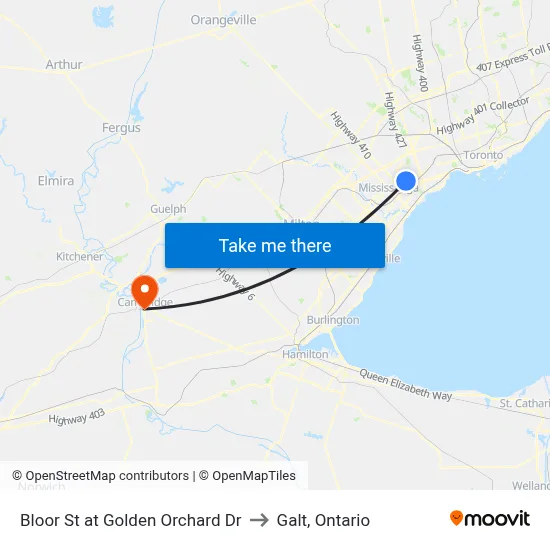 Bloor St at Golden Orchard Dr to Galt, Ontario map