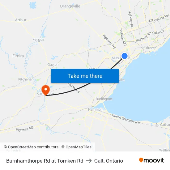 Burnhamthorpe Rd at Tomken Rd to Galt, Ontario map