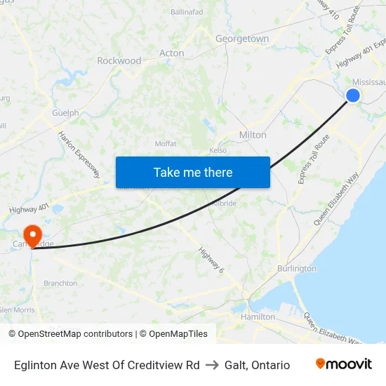 Eglinton Ave West Of Creditview Rd to Galt, Ontario map