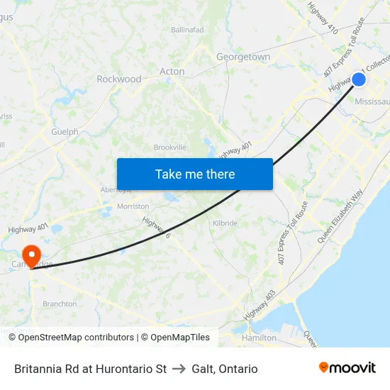 Britannia Rd at Hurontario St to Galt, Ontario map
