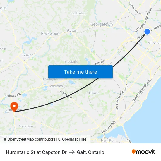 Hurontario St at Capston Dr to Galt, Ontario map