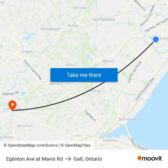 Eglinton Ave at Mavis Rd to Galt, Ontario map