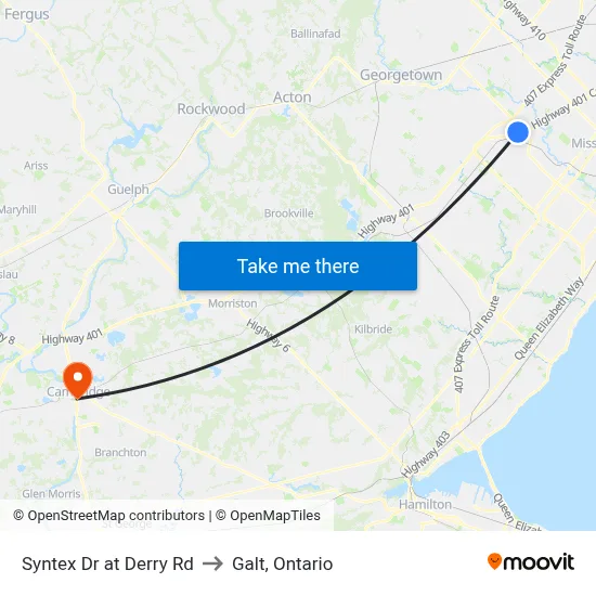 Syntex Dr at Derry Rd to Galt, Ontario map