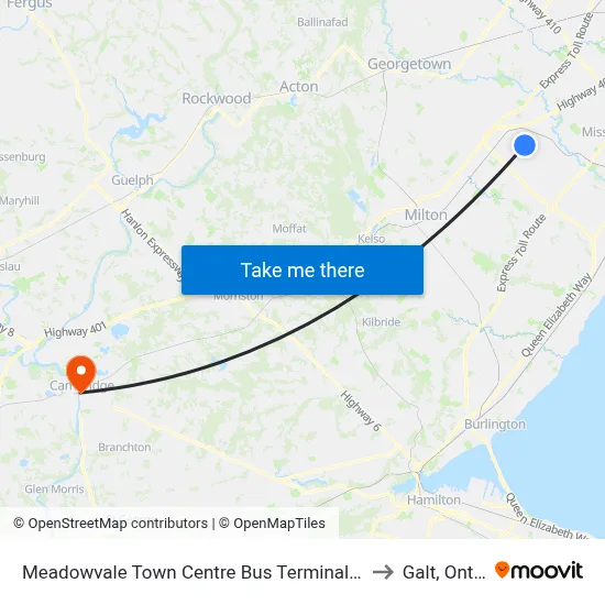 Meadowvale Town Centre Bus Terminal Platform J to Galt, Ontario map