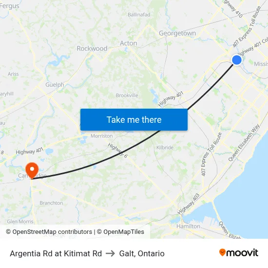 Argentia Rd at Kitimat Rd to Galt, Ontario map