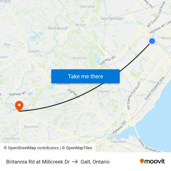 Britannia Rd at Millcreek Dr to Galt, Ontario map