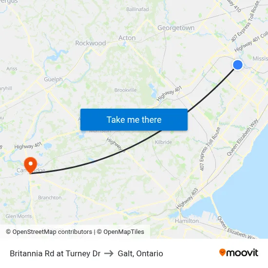 Britannia Rd at Turney Dr to Galt, Ontario map