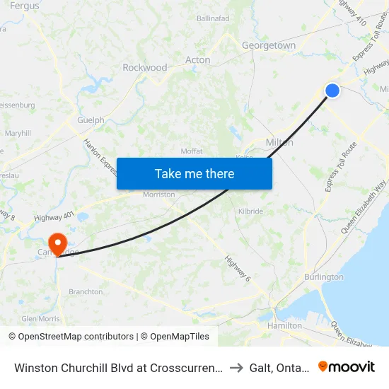 Winston Churchill Blvd at Crosscurrent Dr to Galt, Ontario map