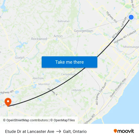 Etude Dr at Lancaster Ave to Galt, Ontario map