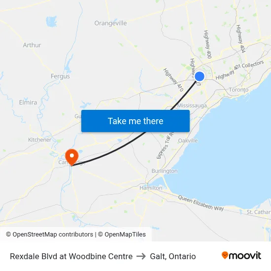 Rexdale Blvd at Woodbine Centre to Galt, Ontario map