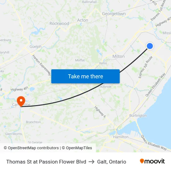 Thomas St at Passion Flower Blvd to Galt, Ontario map