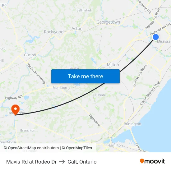 Mavis Rd at Rodeo Dr to Galt, Ontario map