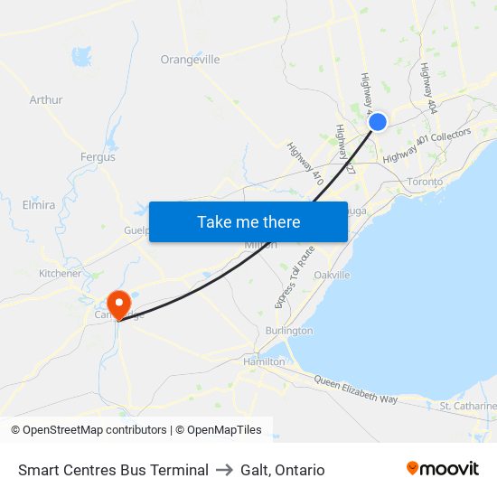 Smart Centres Bus Terminal to Galt, Ontario map