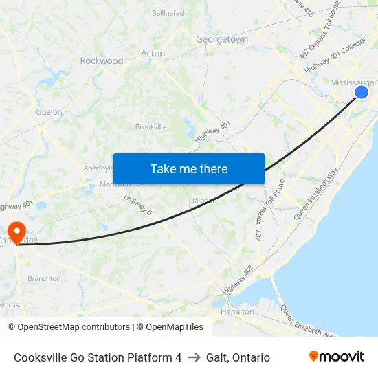 Cooksville Go Station Platform 4 to Galt, Ontario map