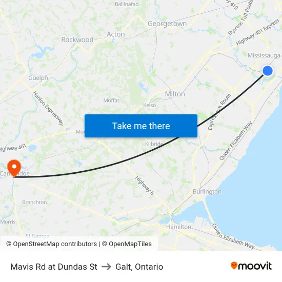 Mavis Rd at Dundas St to Galt, Ontario map