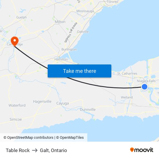 Table Rock to Galt, Ontario map
