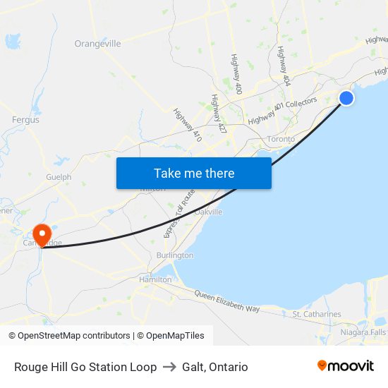 Rouge Hill Go Station Loop to Galt, Ontario map