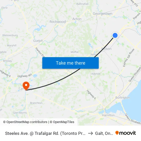 Steeles Ave. @ Trafalgar Rd. (Toronto Premium Outlets) to Galt, Ontario map