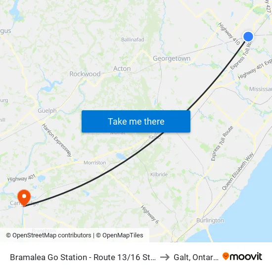 Bramalea Go Station - Route 13/16 Stop to Galt, Ontario map