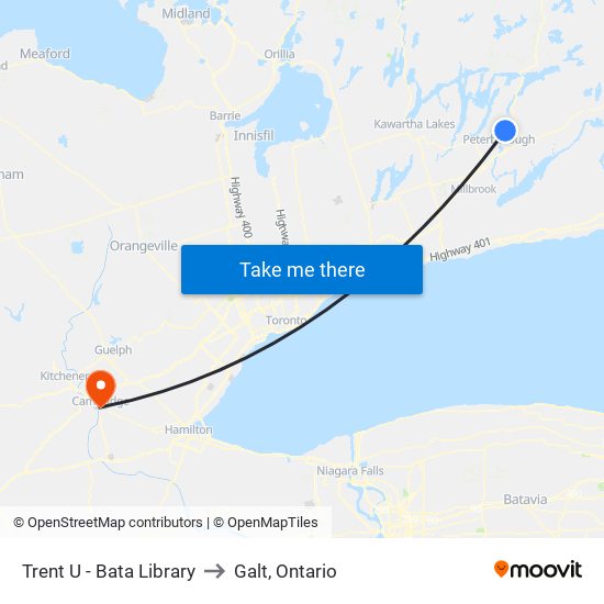 Trent U - Bata Library to Galt, Ontario map