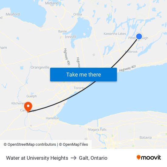 Water at University Heights to Galt, Ontario map