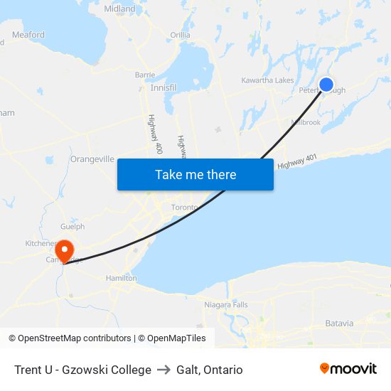 Trent U - Gzowski College to Galt, Ontario map