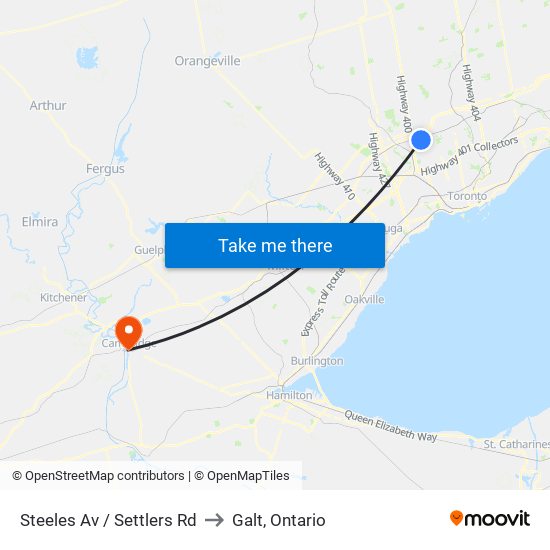 Steeles Av / Settlers Rd to Galt, Ontario map